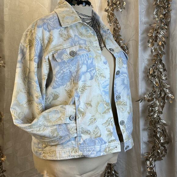 Bill Blass 1X Floral Linen Jacket Women Beige‎ Blue Button Down Y2K Boho - Picture 13 of 14